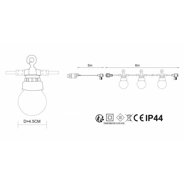 schéma technique Guirlande guinguette 6M 20 ampoules LED blanc chaud câble noir extensible IP44 Professionnelle Elume