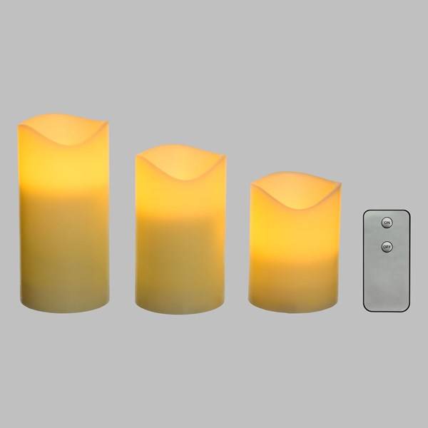 Jeu de 3 bougies lumineuses en cire ivoire flamme 3D piles 10-12,5-15cm LED blanc chaud