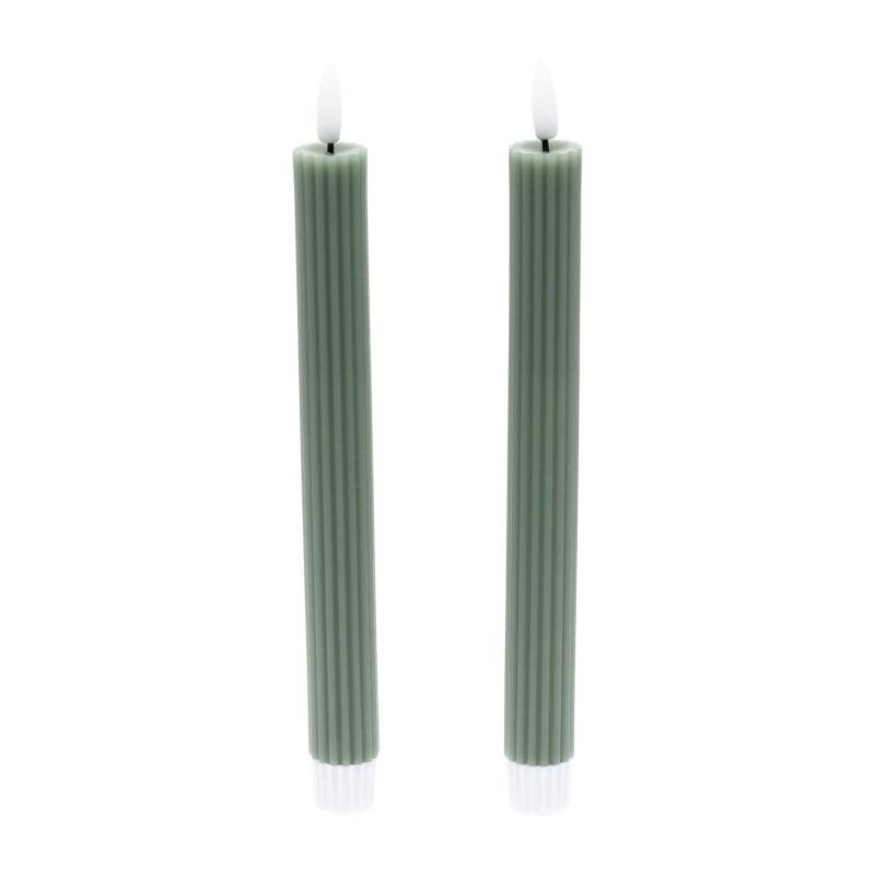 Lot de 2 Bougies Cylindriques Taper 3DF avec Nervures RIBBED Ø2,3cm H23cm Cire Verte JADE Glossy 3D Wick Flame avec Télécommande