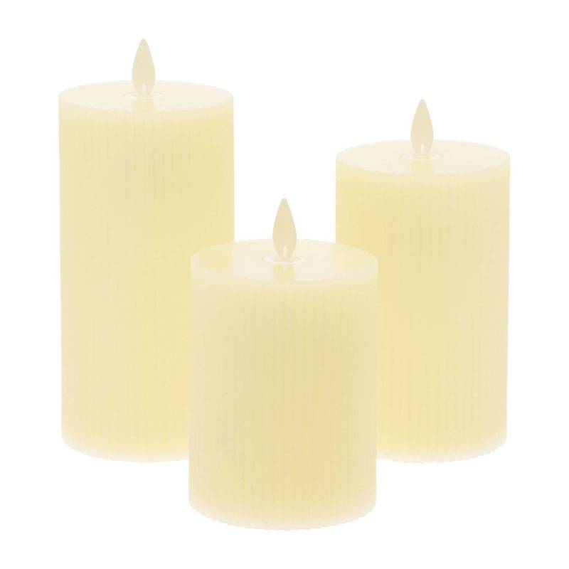 Lot de 3 Bougies Cylindriques MF Moving Flame avec Nervures RIBBED Ø7,5cm H10/12,5/15cm Cire Ivoire IVORY Glossy avec Télécomman