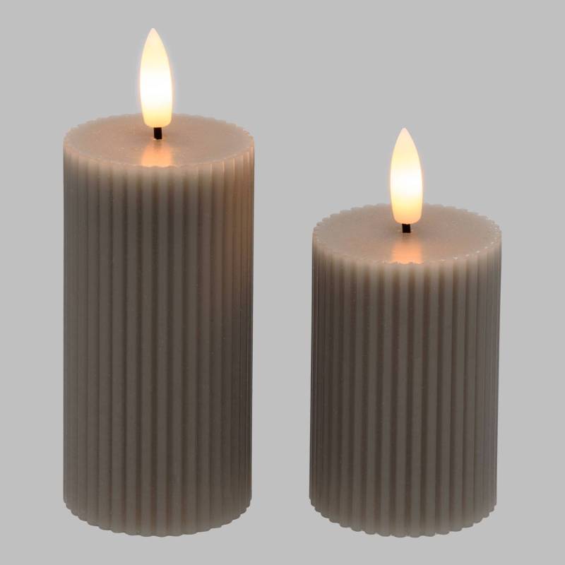 Lot de 2 Bougies striées LED Cylindriques Cire Gris taupe flamme 3D On-Off Timer