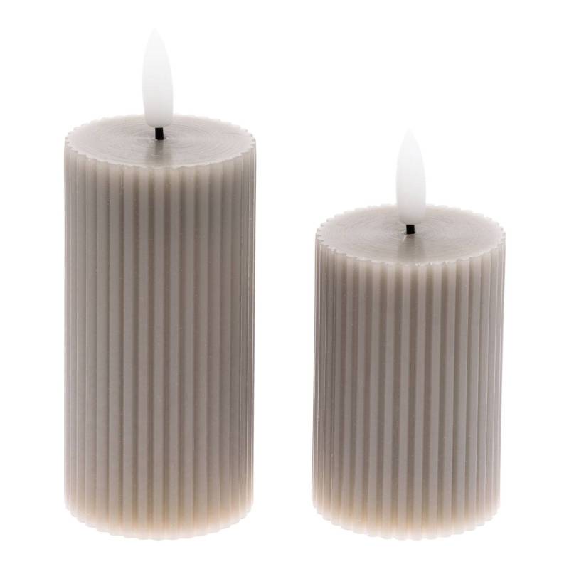 Lot de 2 Bougies Cylindriques 3DF avec Nervures RIBBED Ø5cm H7,5/10cm Cire Grise Marron TAUPE Glossy 3D Wick Flame On-Off Timer 