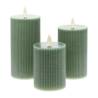 Lot de 3 Bougies Cylindriques MF Moving Flame avec Nervures RIBBED Ø7,5cm H10/12,5/15cm Cire Verte JADE Glossy avec Télécommande