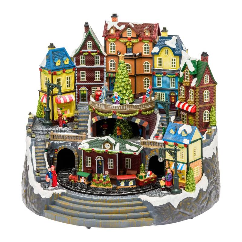 Village de noël animé avec gare, Petit Train et Sapin de Noël Géant en Rotation et Musique à LED