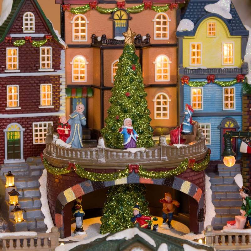 Village de noël animé avec gare, Petit Train et Sapin de Noël Géant en Rotation et Musique à LED