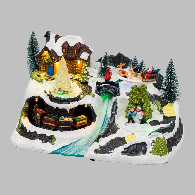 Village de noël Paysage Enneigé 30xH18cm avec Petit Train et Père Noël sur Traineau en Rotation, Ruisseau Illuminé Fibre Optique