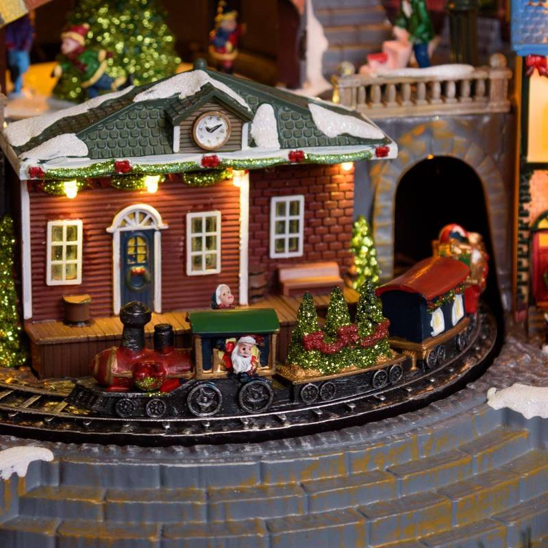 Village de noël animé avec gare, Petit Train et Sapin de Noël Géant en Rotation et Musique à LED