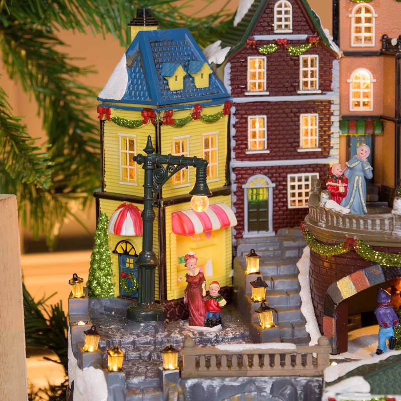 Village de noël animé avec gare, Petit Train et Sapin de Noël Géant en Rotation et Musique à LED