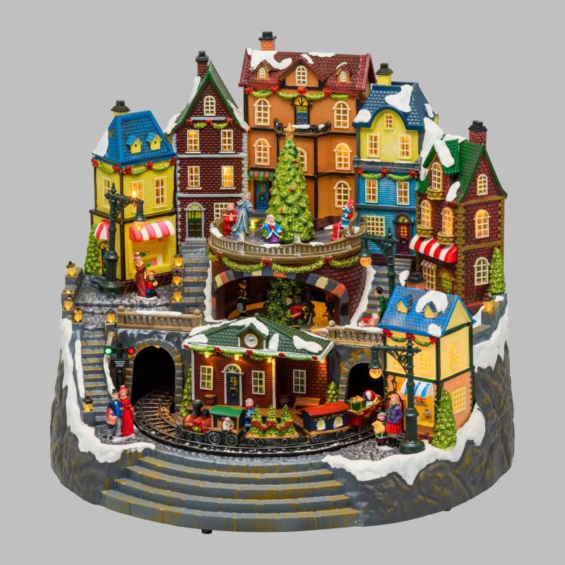 Village de noël animé avec gare, Petit Train et Sapin de Noël Géant en Rotation et Musique à LED