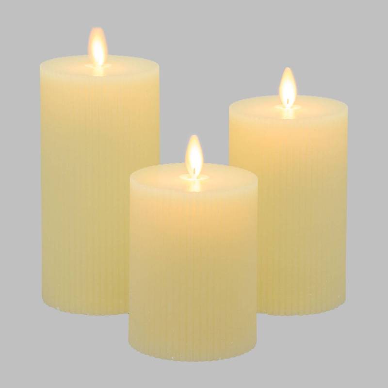 Lot de 3 Bougies Cylindriques MF Moving Flame avec Nervures RIBBED Ø7,5cm H10/12,5/15cm Cire Ivoire IVORY Glossy avec Télécomman