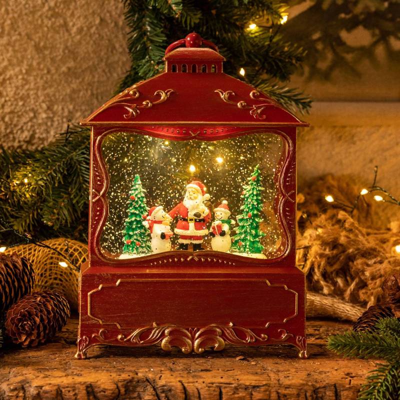 Lanterne Plate GLITTER LED avec père noël H30cm Rouge Antique